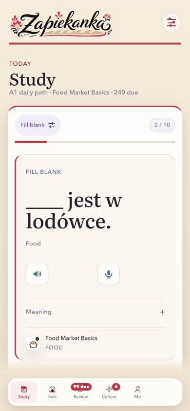 Study screen with fill-blank practice